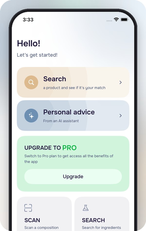 Home screen of Clean Skin with scan, search and assistant actions